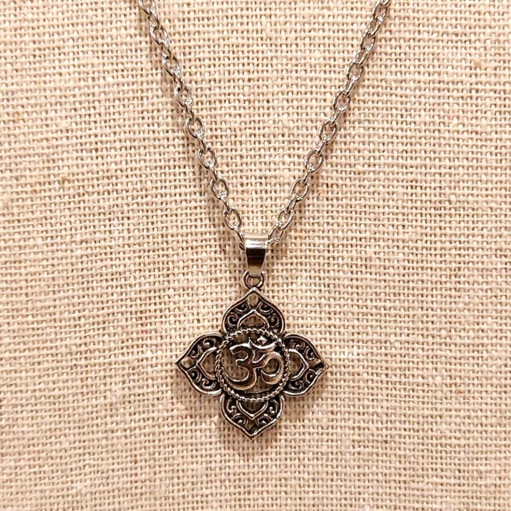 Silver OHM Buddha Lotus Necklace